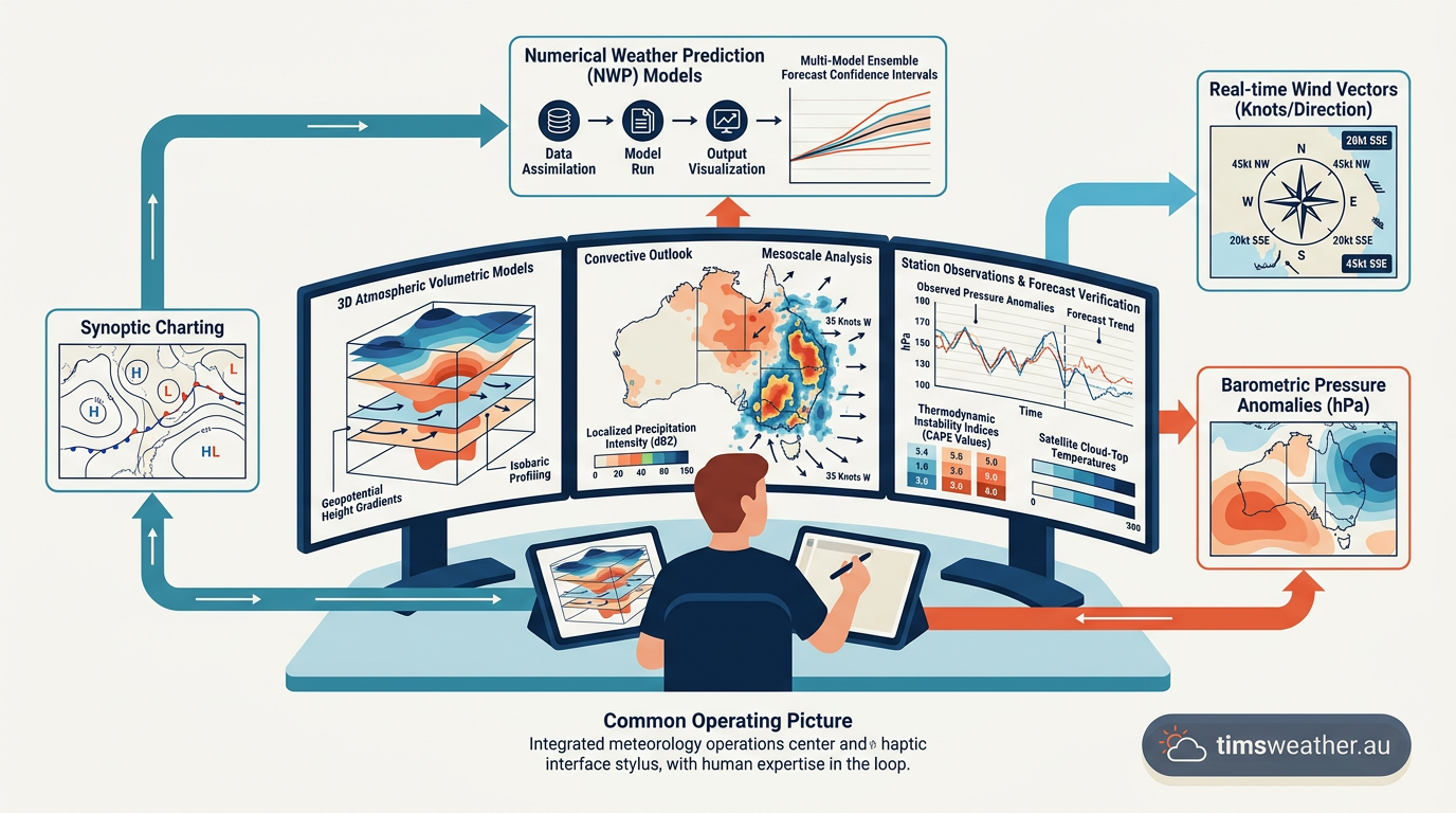 Forecasters analysing complex atmospheric models on multiple computer screens.