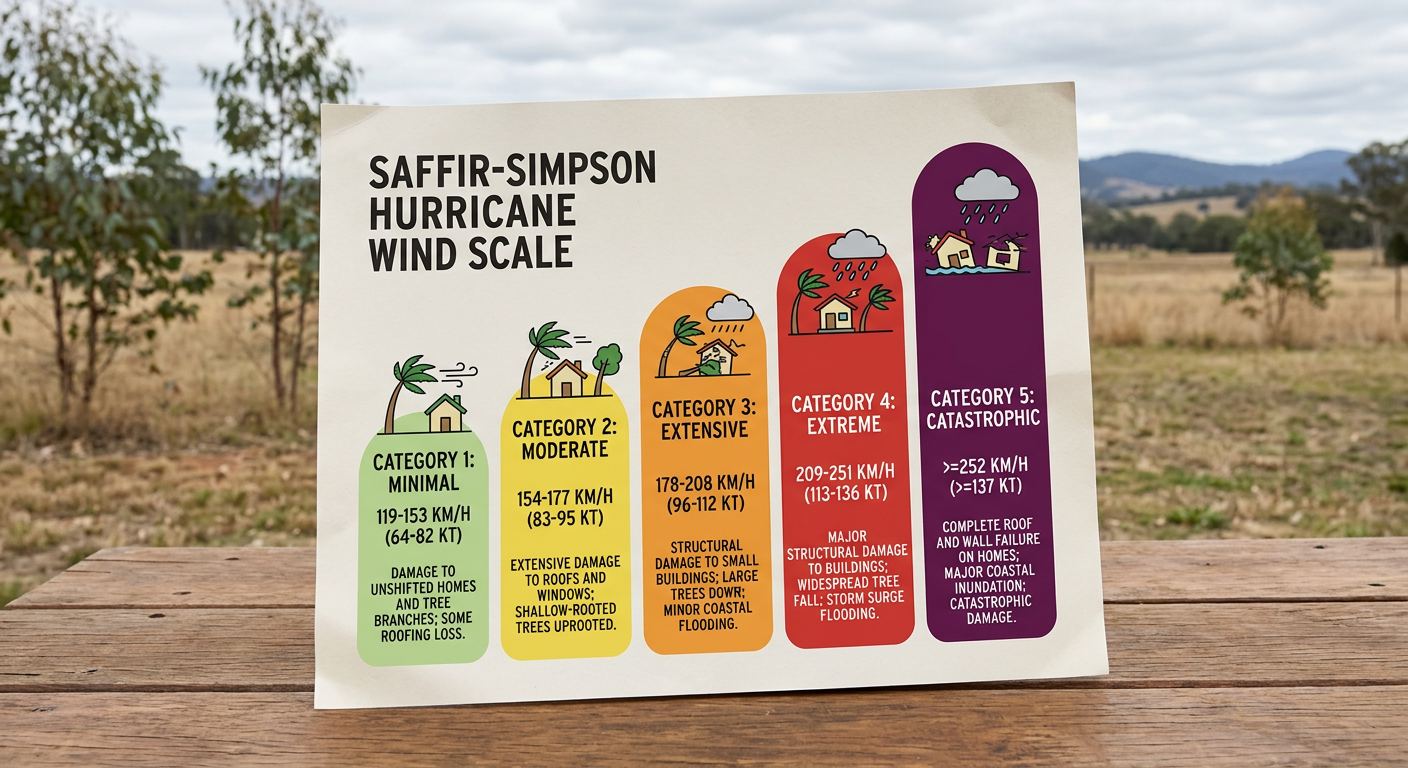Colour-coded chart detailing the wind speed thresholds of the Saffir-Simpson Scale.