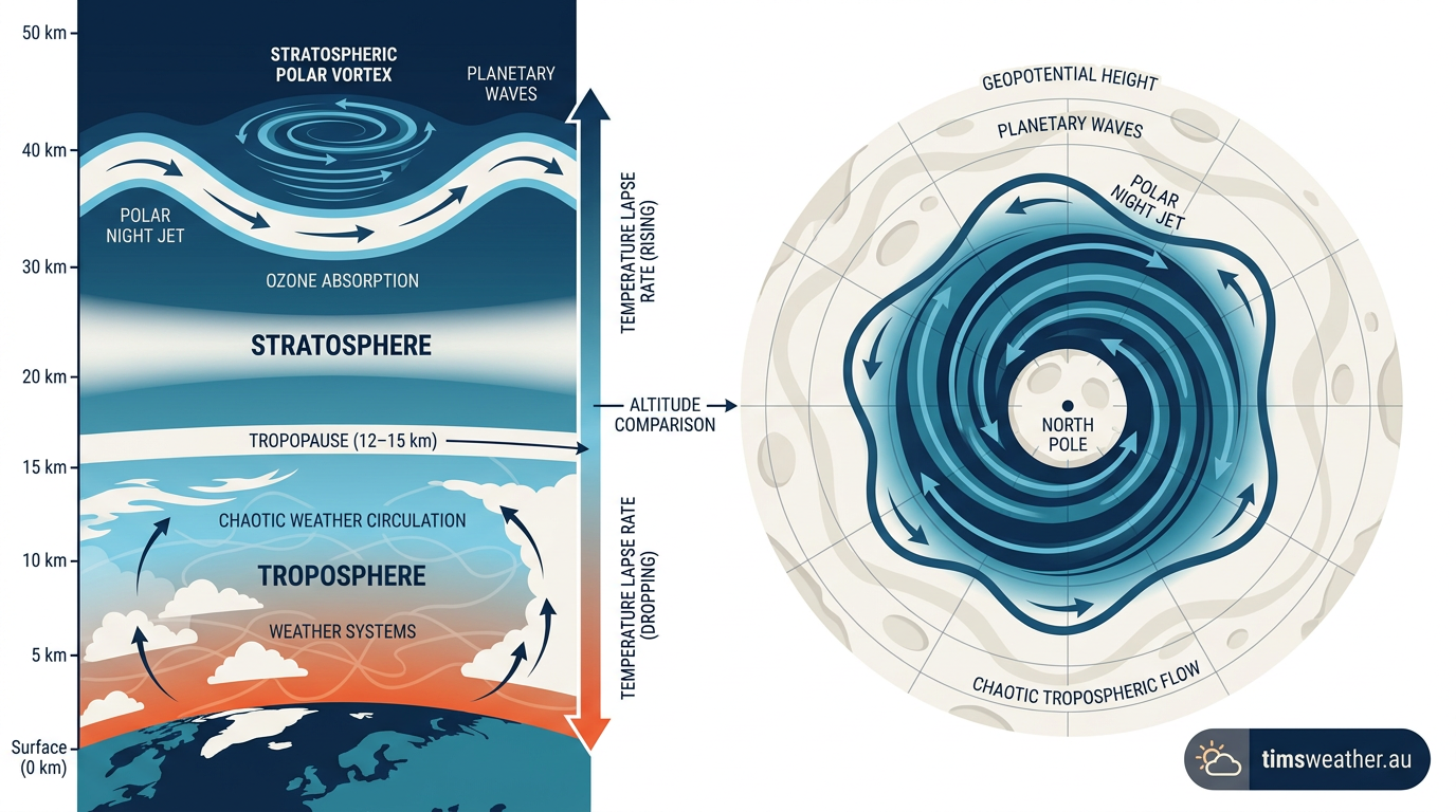 Diagram showing the troposphere and stratosphere with the polar vortex located high above the weather layer.