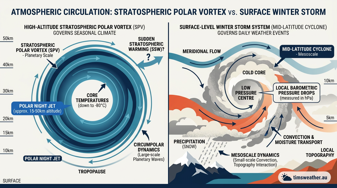 Comparison infographic showing a high-altitude stratospheric vortex versus a ground-level winter storm.