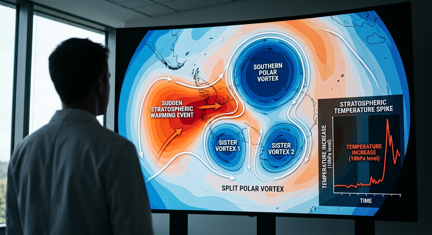 Visualization showing a strong polar vortex splitting into two smaller circulations during a sudden stratospheric warming event.