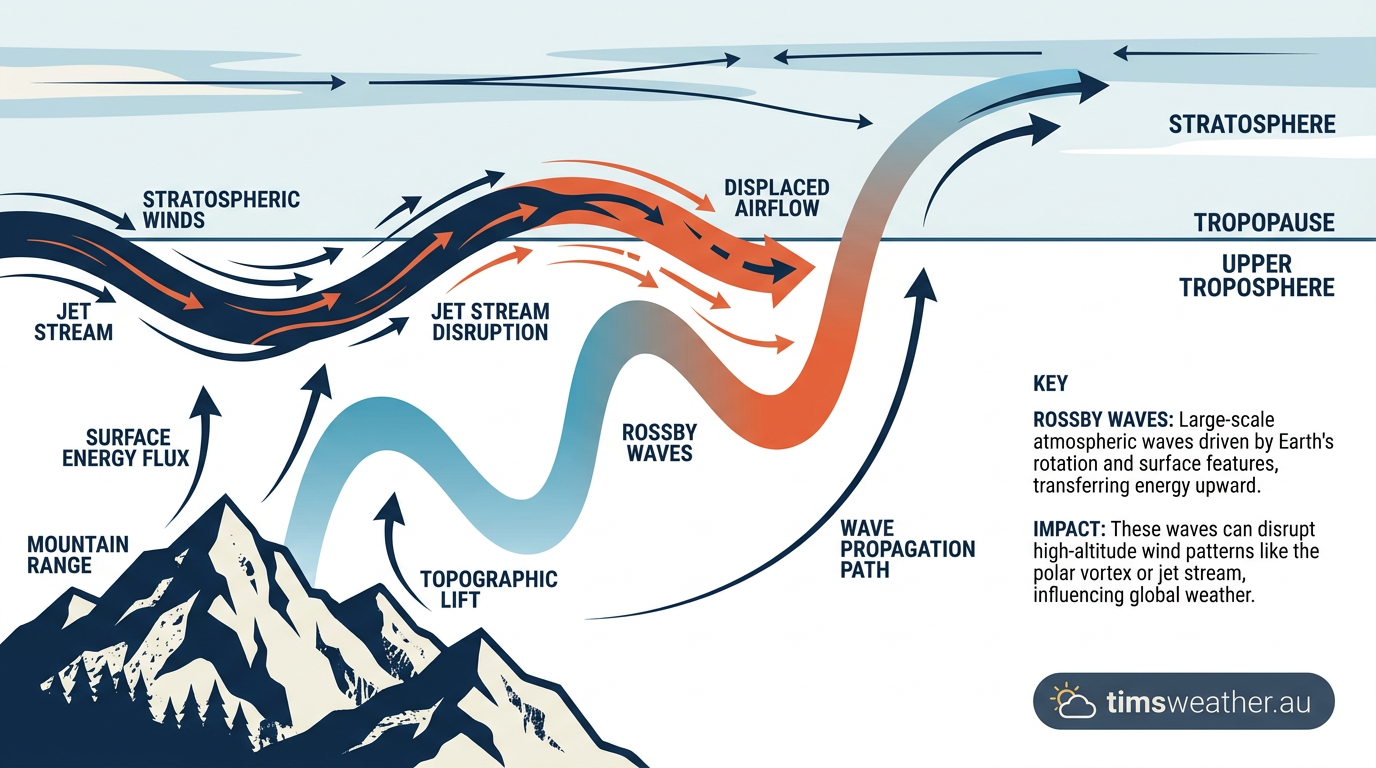 Diagram illustrating atmospheric planetary waves traveling upwards to disrupt stratospheric winds.