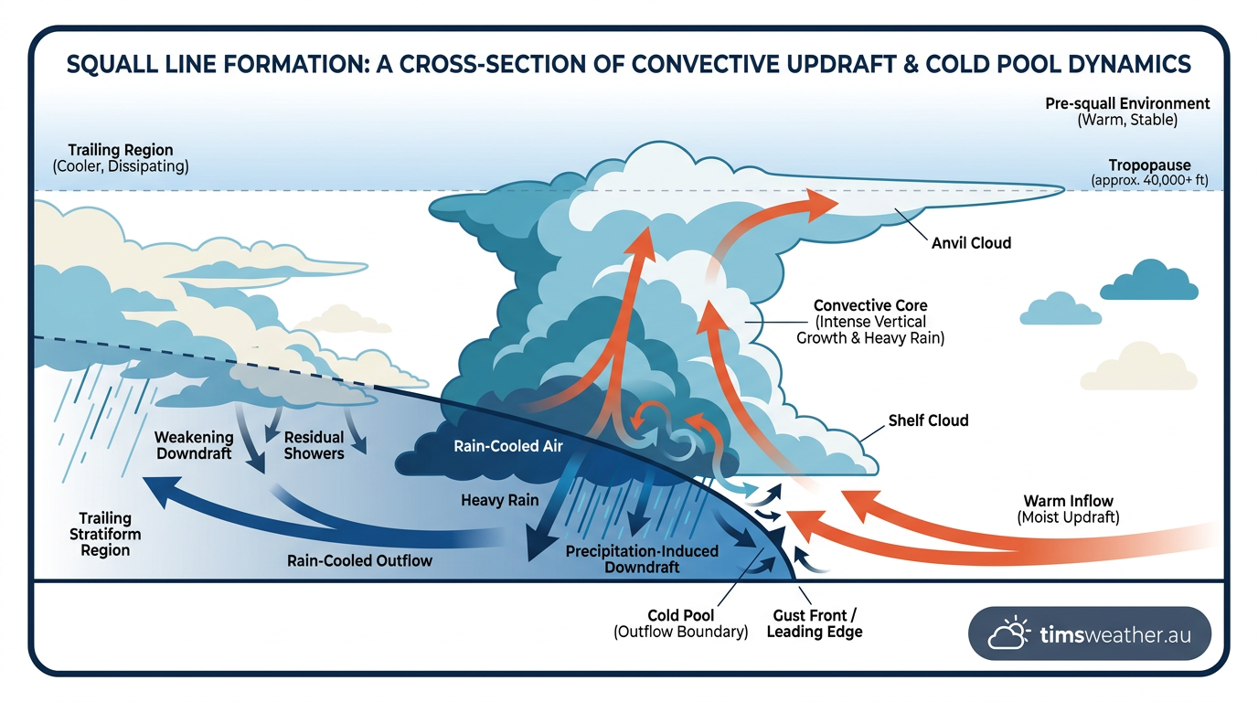 Diagram illustrating squall line formation, showing the lifting of warm moist air over a cold pool.