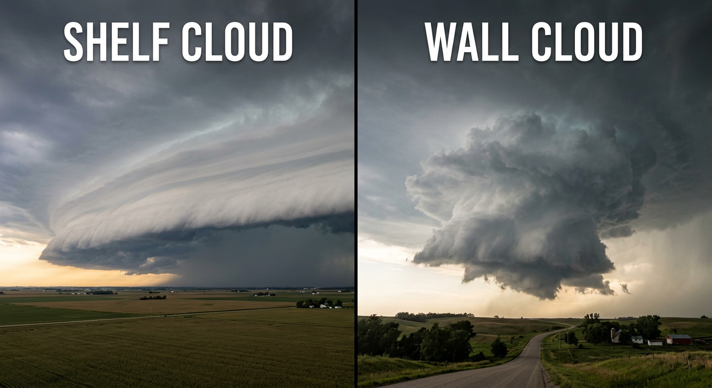 Comparison of a shelf cloud on a squall line versus a wall cloud under a supercell thunderstorm.