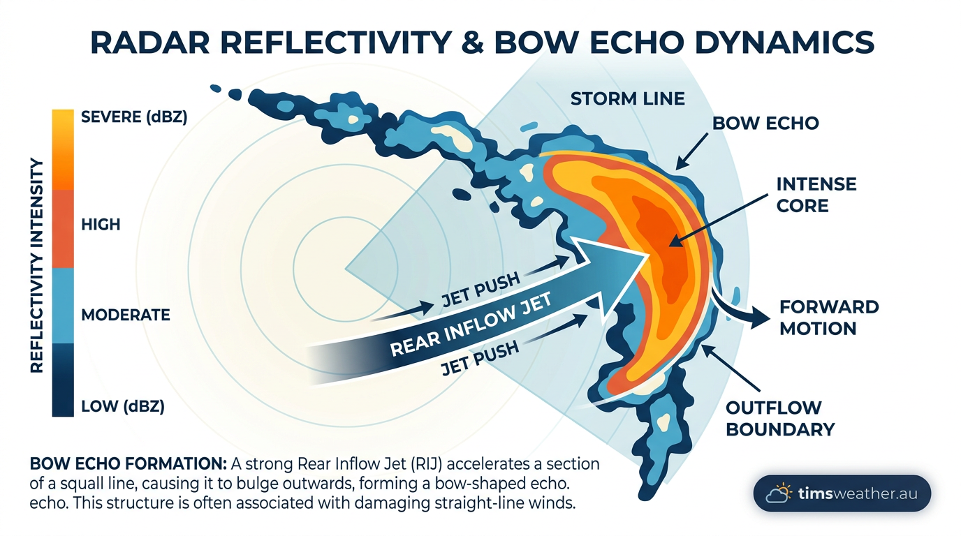 Radar signature of a bow echo indicating severe straight-line winds within a squall line.