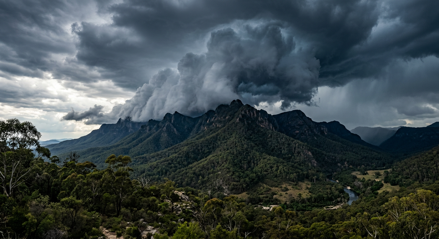 Convective storm clouds forming over the Great Dividing Range due to topographic lifting.