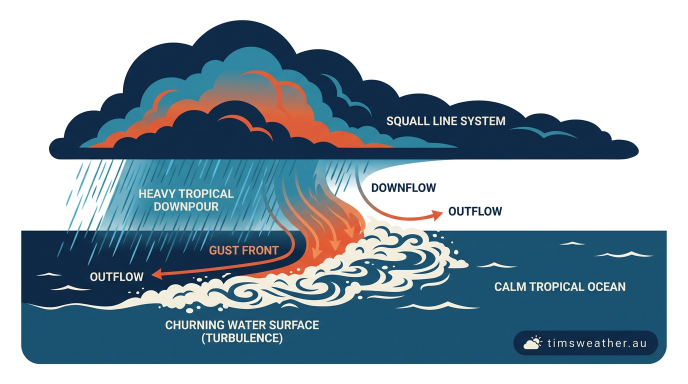 A tropical squall line producing heavy rain and strong gusts over the ocean.