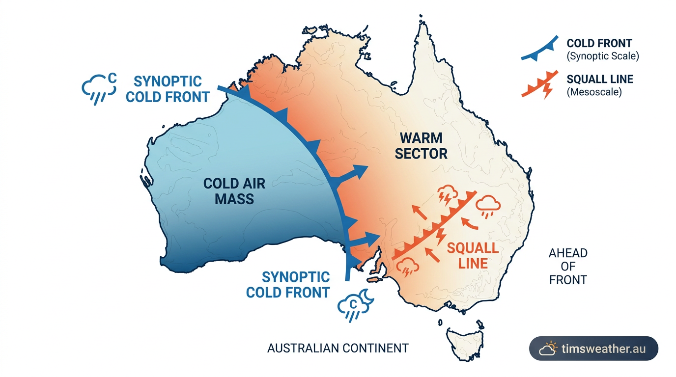 Infographic detailing the differences between a broad cold front and an organized squall line.