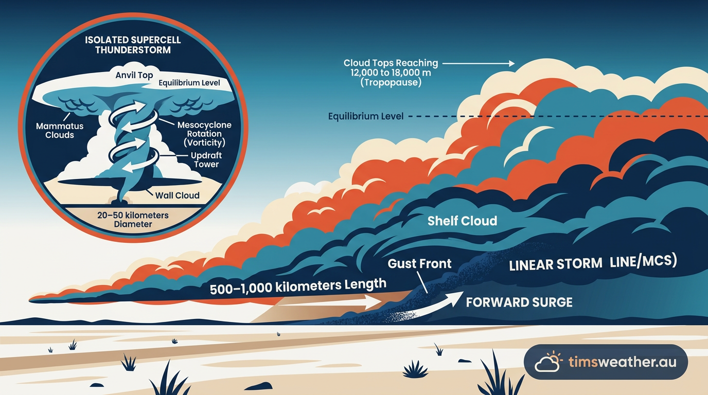 Visual comparison showing a long squall line next to a discrete supercell thunderstorm.