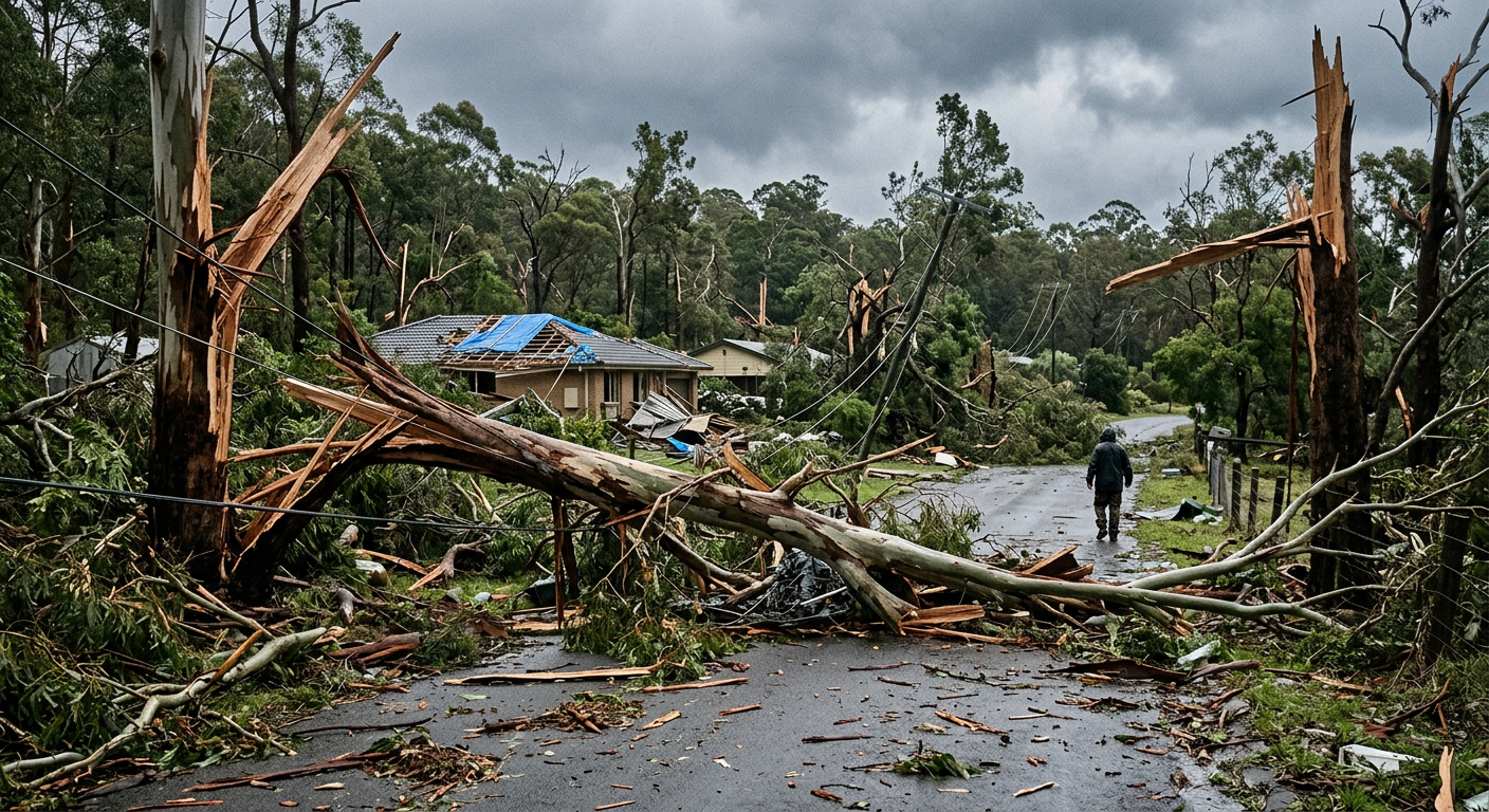 Debris and broken trees in a wooded residential area following a severe thunderstorm