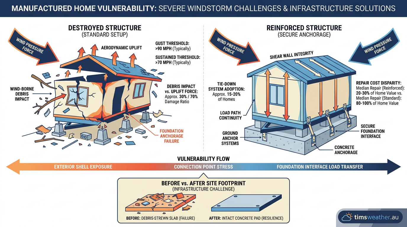 A severely damaged manufactured home showing structural vulnerability to high winds