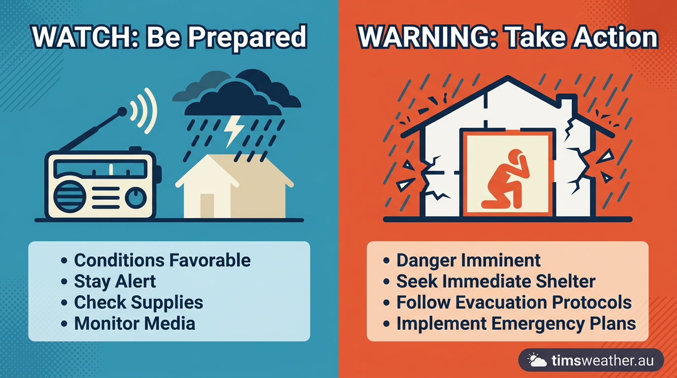 Infographic comparing tornado watch preparedness with tornado warning immediate action.