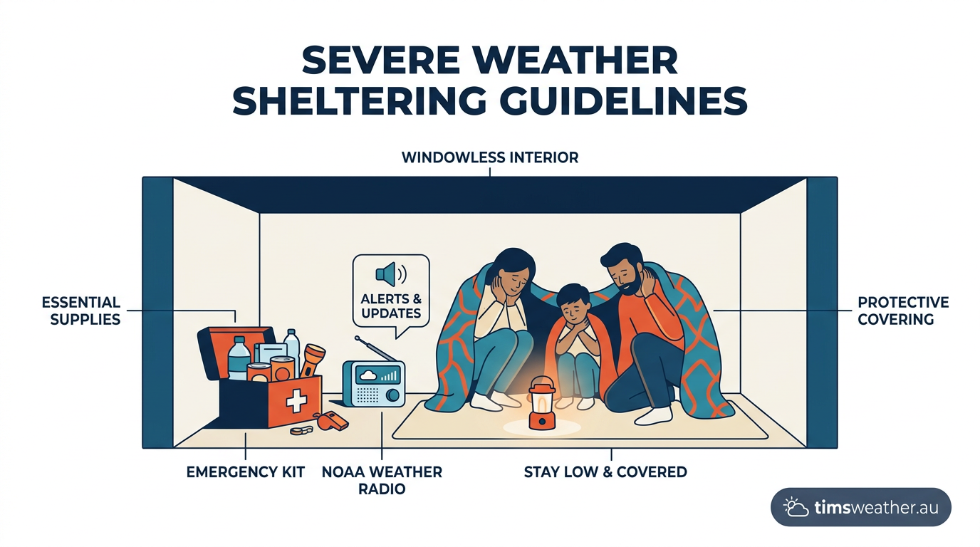 People demonstrating proper tornado safety protocols by crouching in a windowless interior room with an emergency radio.