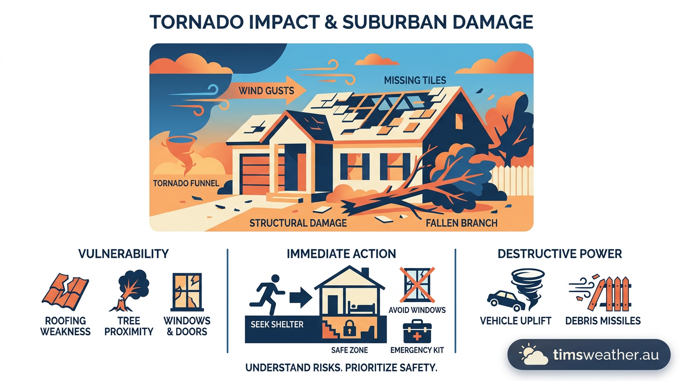 A damaged residential home with missing roof tiles illustrating the severe impact of tornadic winds.