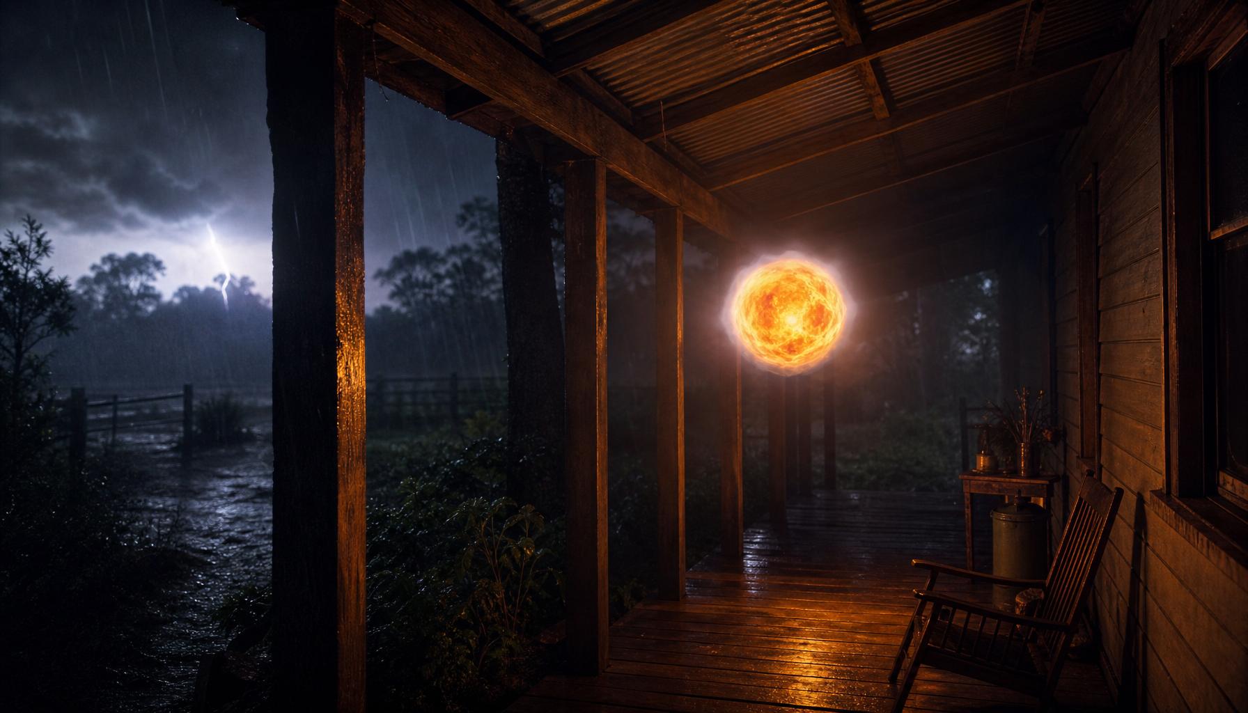 Ball lightning: a glowing orange luminous sphere floating on a rural Australian verandah during a thunderstorm