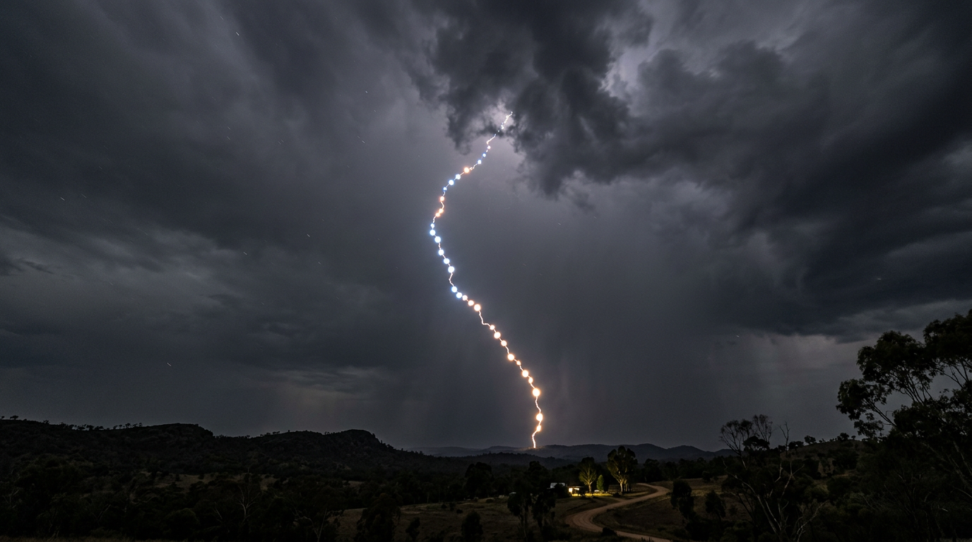 Beaded lightning breaking into a chain of bright glowing beads along the discharge channel in the Australian night sky