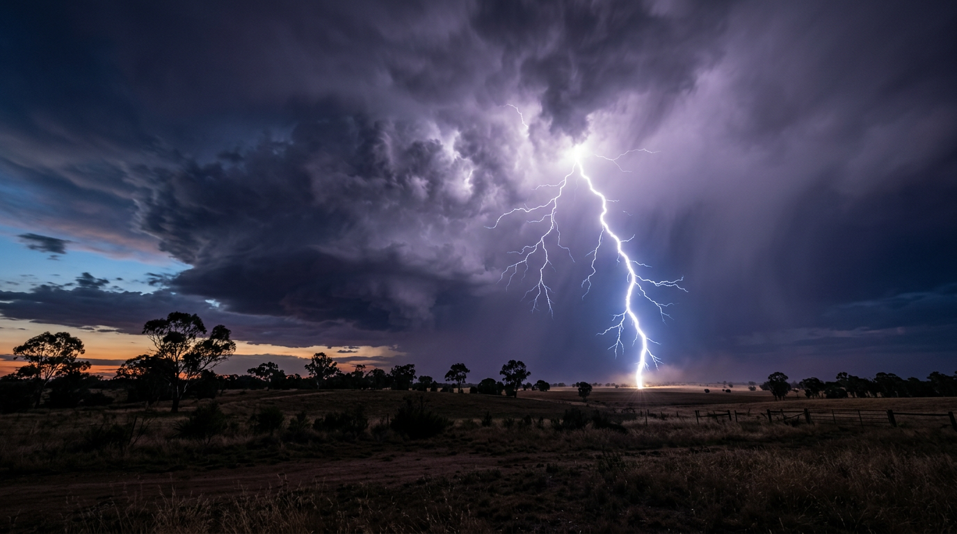 Cloud-to-ground lightning bolt striking rural Australian farmland from a dark thundercloud at dusk