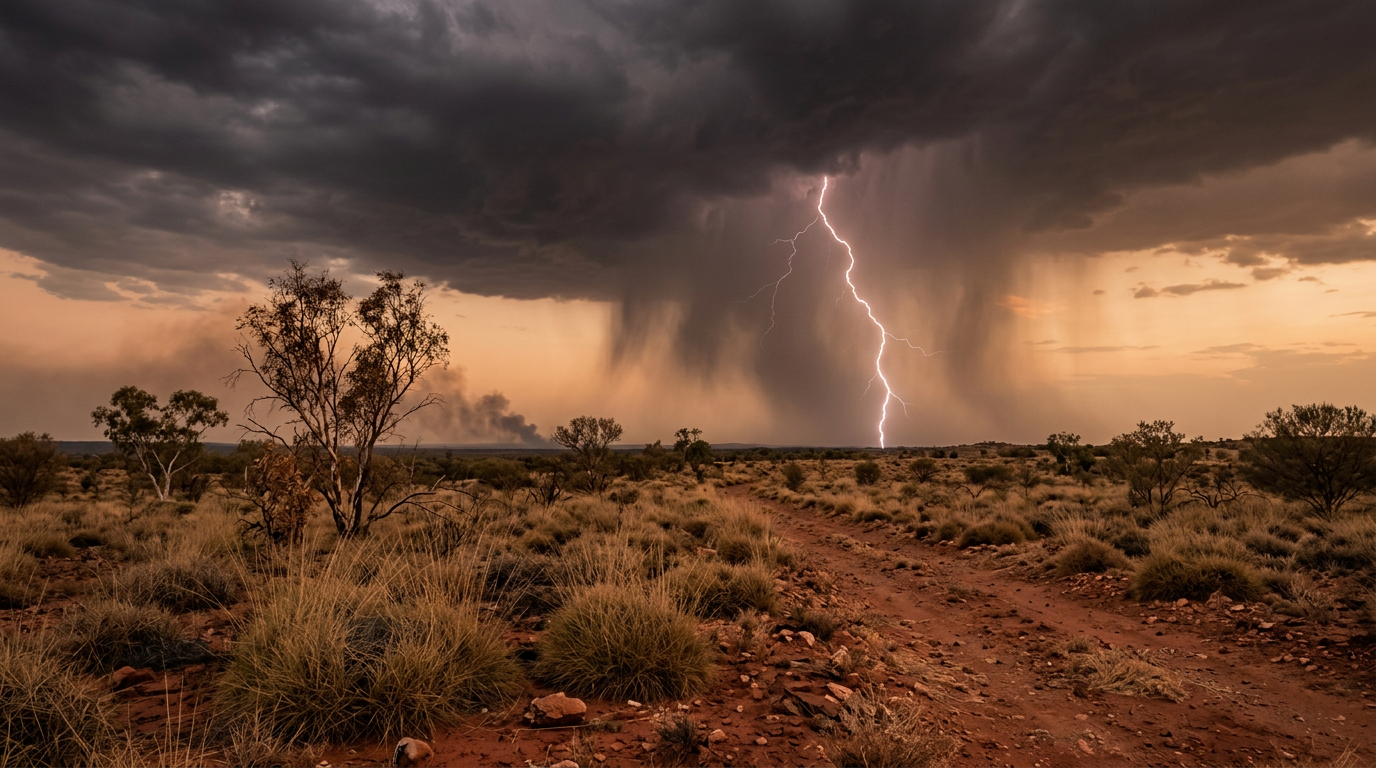 Dry lightning striking parched inland Australian scrub with virga trailing from the storm and no rain reaching the ground