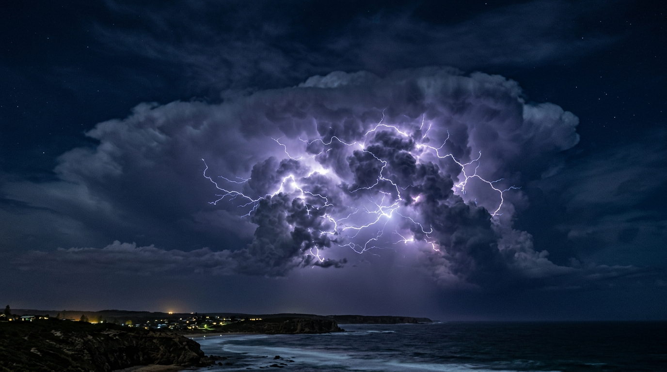 Intra-cloud lightning glowing inside a large cumulonimbus thundercloud over the Australian coast at night