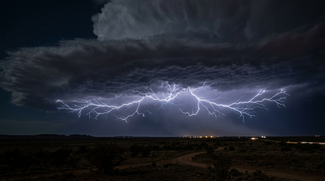 Spider lightning branching horizontally across the underside of a storm anvil over the Australian outback