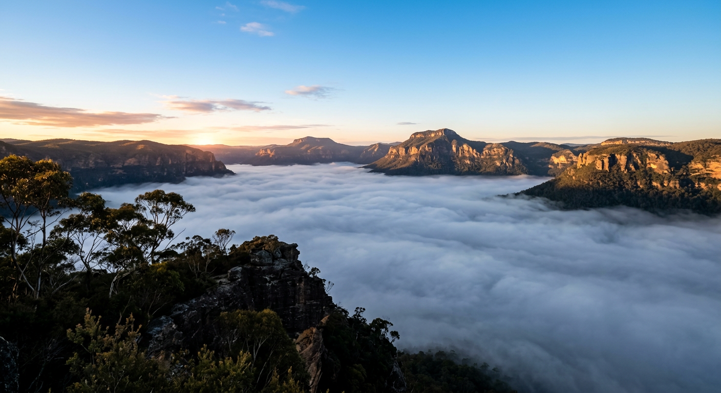 A thick layer of valley fog trapped between mountain ridges at dawn.