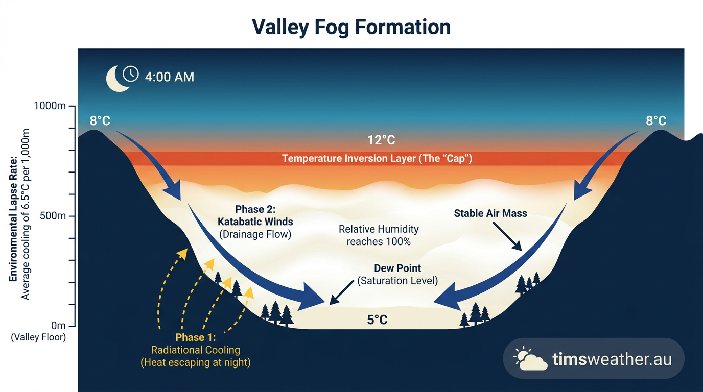 Diagram showing cold air draining into a basin and pooling overnight.