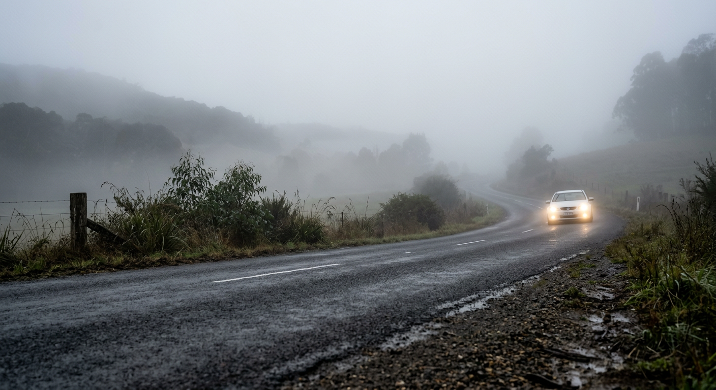 A car driving through dense valley fog with low-beam headlights on.