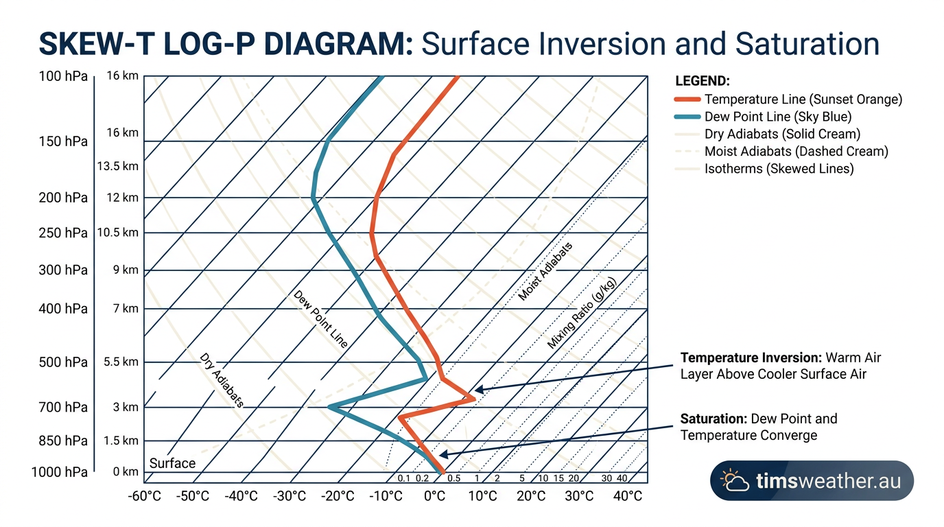 A Skew-T Log-P weather chart showing the atmospheric conditions required for a temperature inversion and fog.