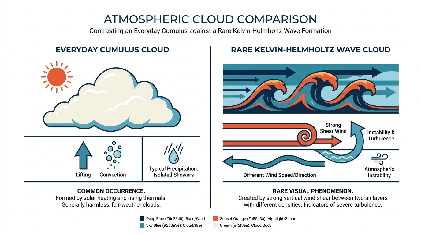 Diagram comparing common cumulus clouds with rare Kelvin-Helmholtz wave formations