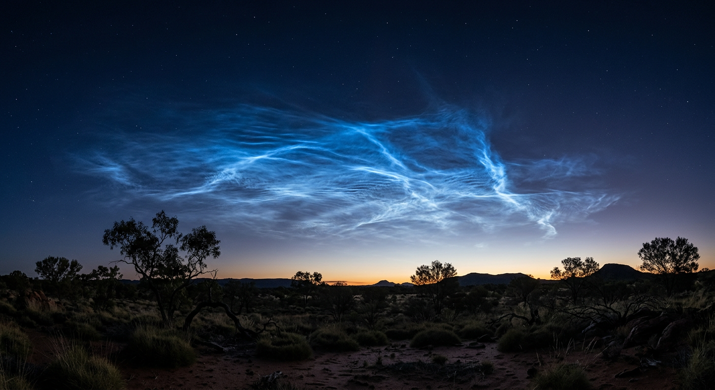 Bright glowing blue noctilucent clouds visible against a dark twilight sky