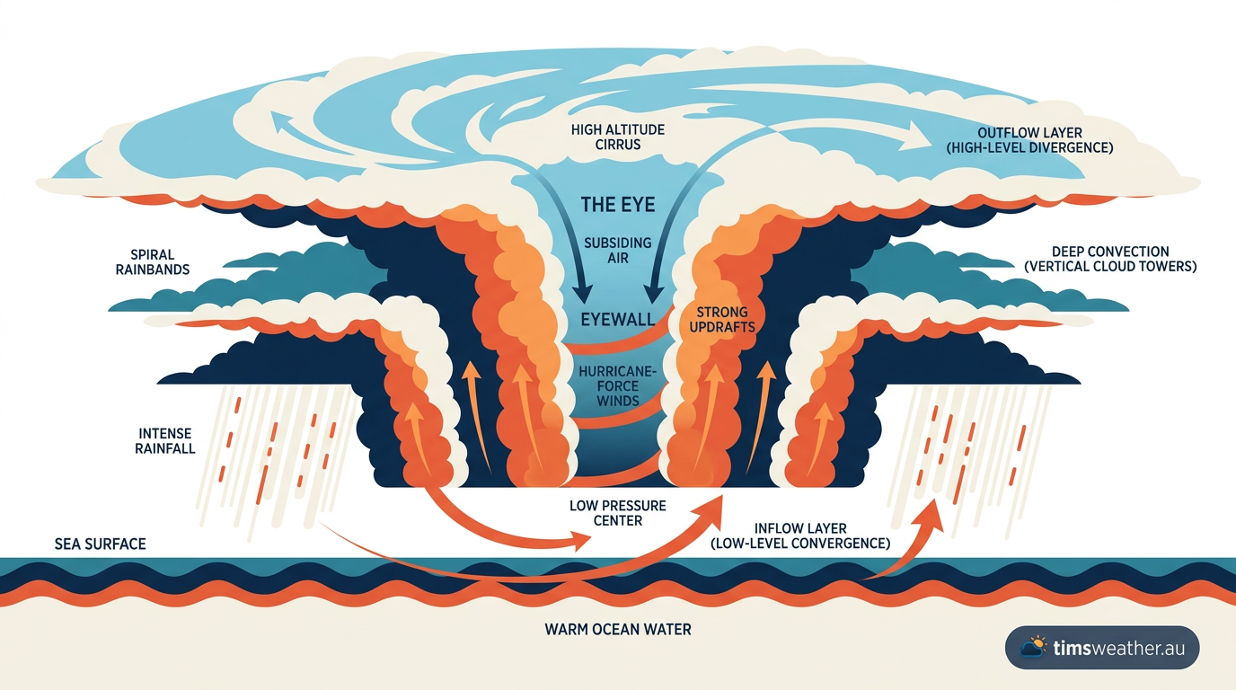 Diagram showing a mature cyclone with an inner eyewall and outer eyewall.