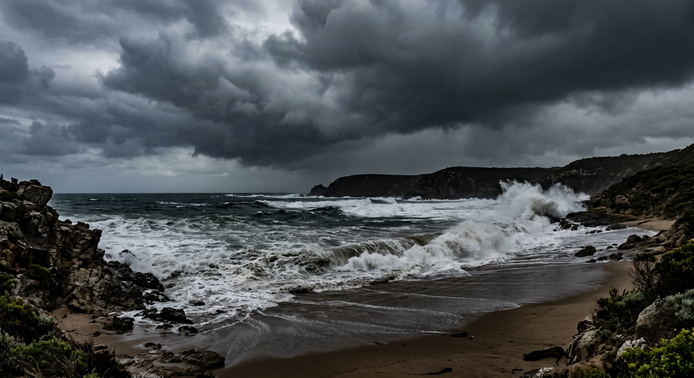 Wide surf and storm surge along a coast, showing how a broader wind field can push water farther inland.