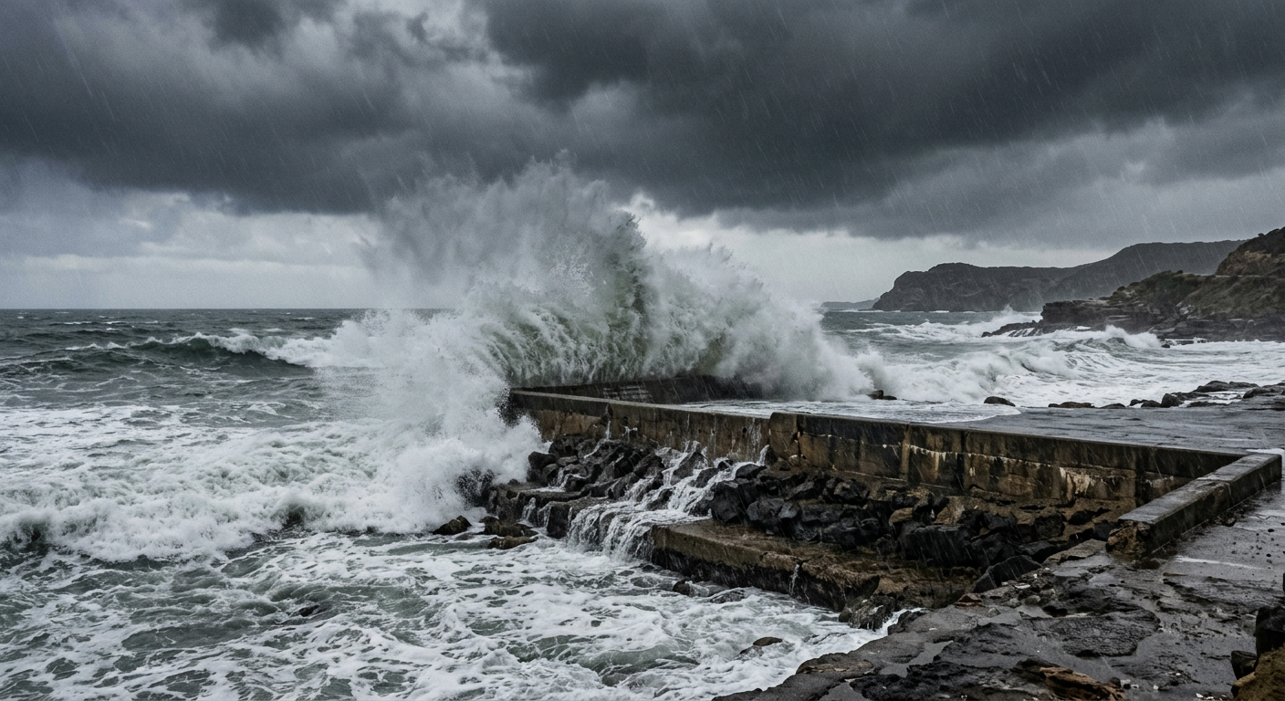 Large waves crashing against a sea wall during an intense winter storm