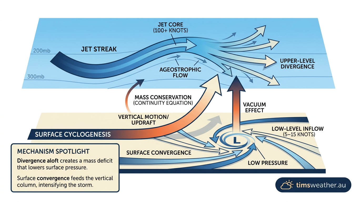 Diagram showing upper-level jet stream winds diverging above a surface low-pressure system