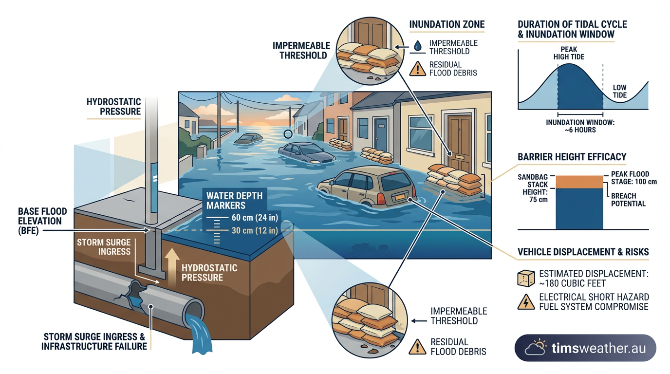 Coastal street flooded with sea water with sandbags protecting local homes