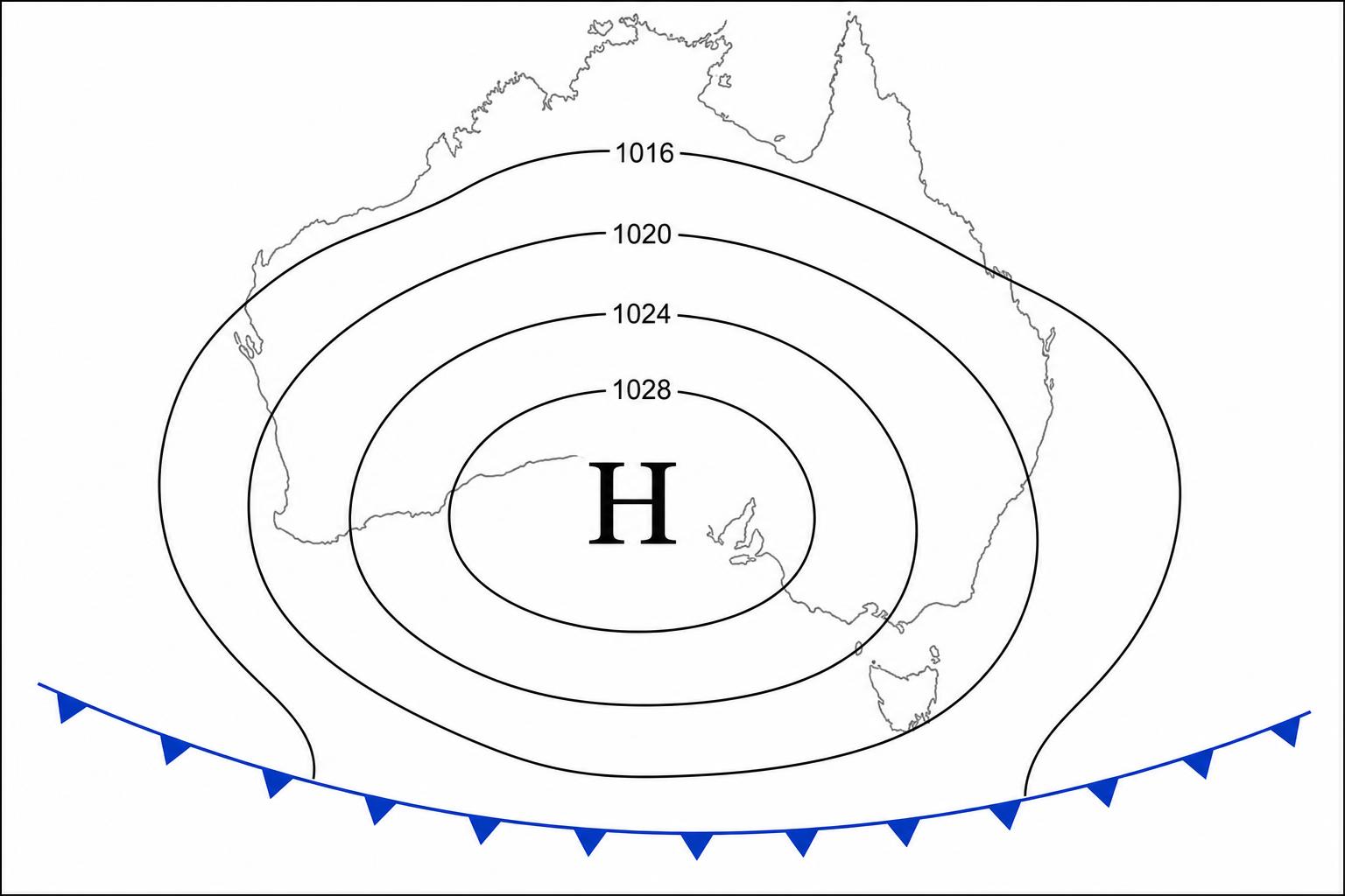 BOM-style synoptic chart showing a high pressure system (anticyclone) centred over southern Australia with concentric isobars labelled 1016 to 1028 hPa