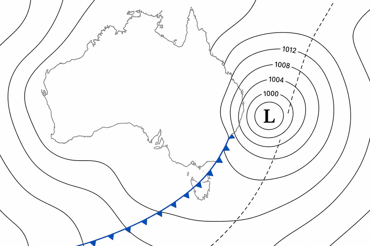 BOM-style synoptic chart showing a low pressure system off eastern Australia with tightly packed isobars and a trailing cold front across Tasmania