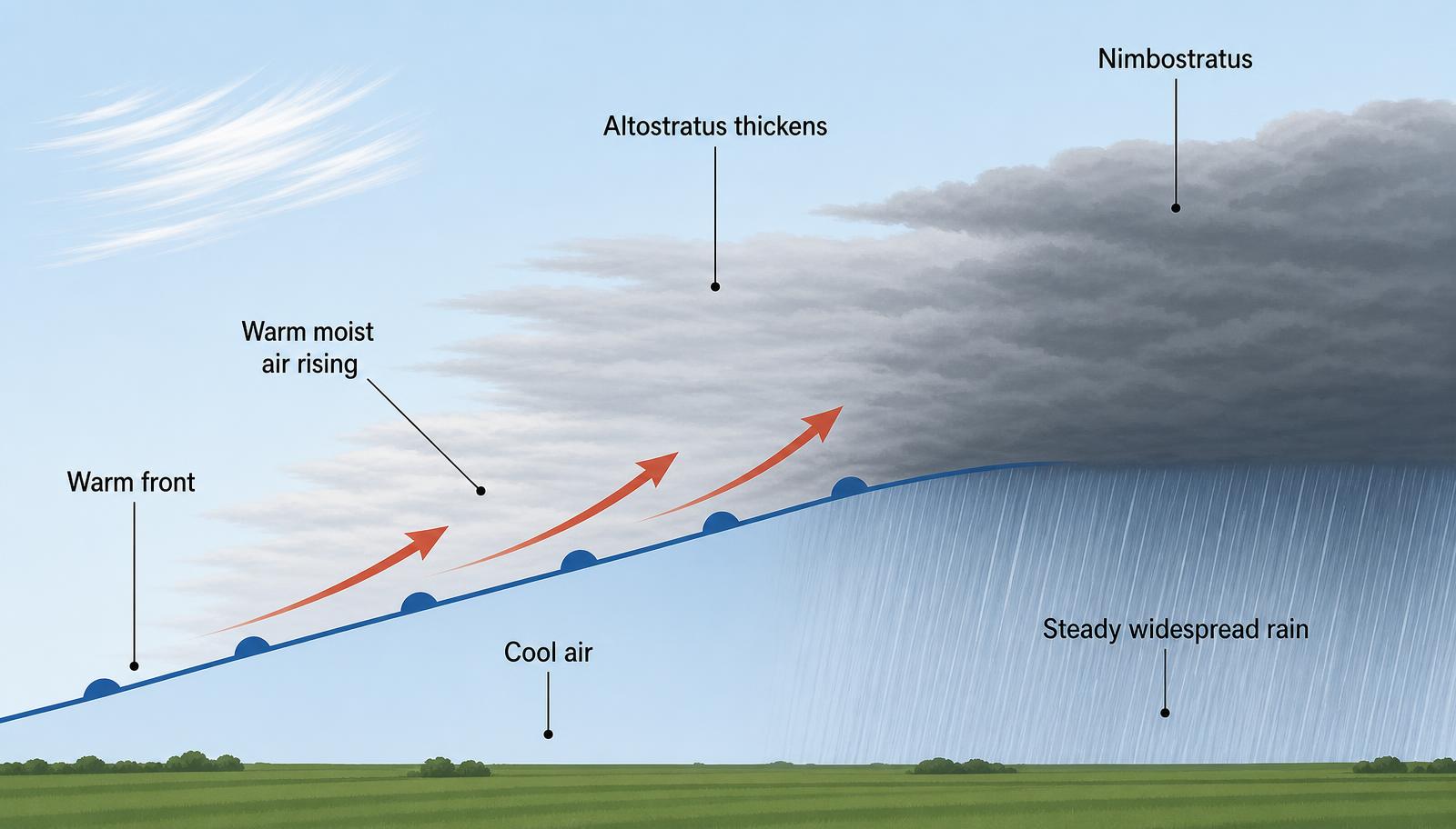 Cross-section diagram of warm moist air rising along a warm front as altostratus thickens into raining nimbostratus.
