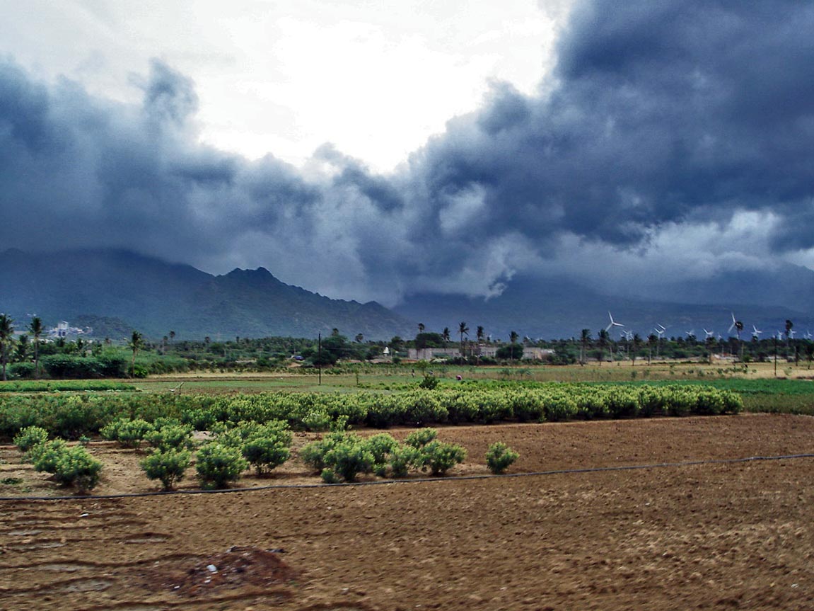 Advancing monsoon clouds and showers in Aralvaimozhy, near Nagercoil, Tamil Nadu, India.