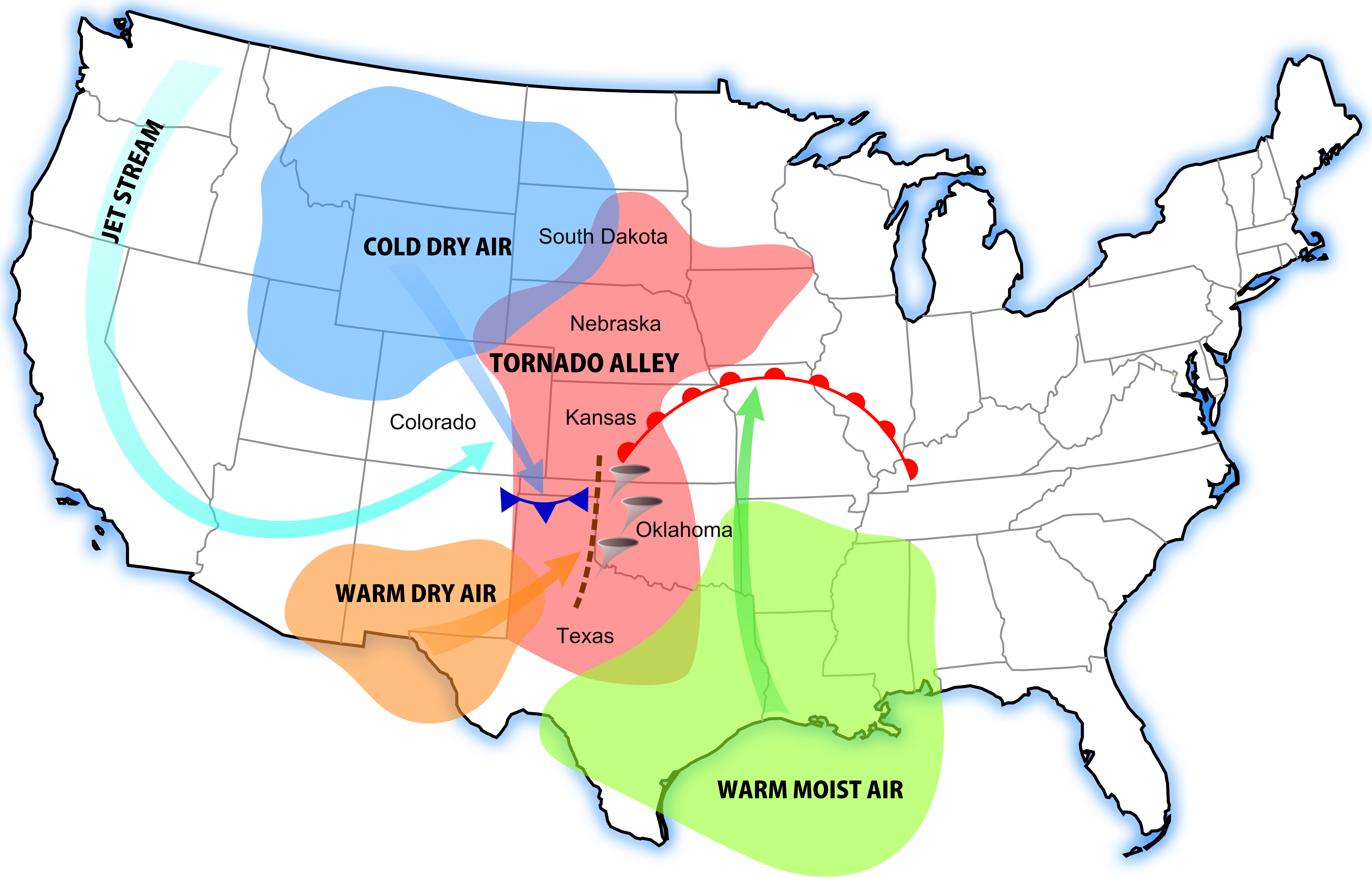 A diagram of Tornado Alley based on one tornado or more per decade. Rough location (red), and its contributing weather systems