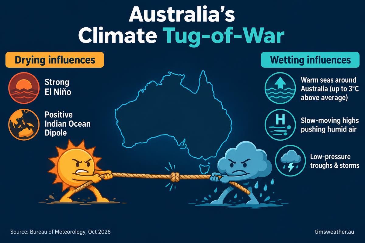 Infographic: El Niño and positive IOD drying influence versus warm seas, humid air and storms bringing rain