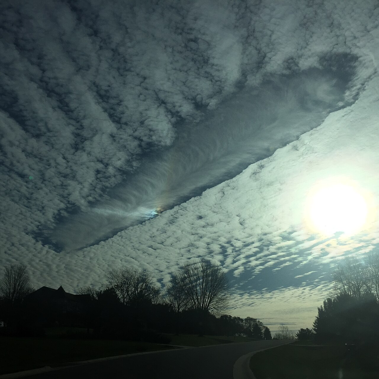 A striking fallstreak cloud with iridescent colors, resembling a hole punch in the altocumulus sky. A striking fallstreak cloud with iridescent colors, resembling a hole punch in the altocumulus sky.