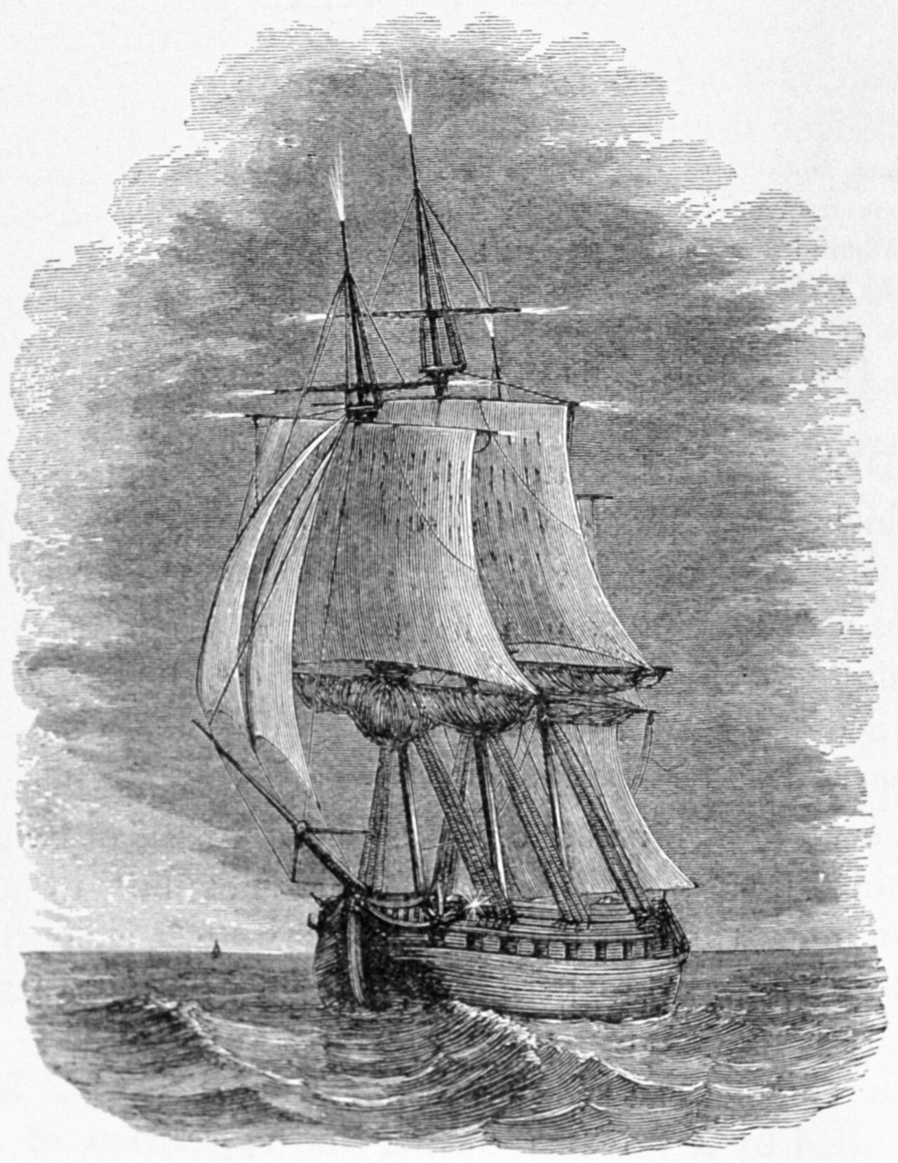 Engraving of a sailing ship at sea with St. Elmo's Fire glowing on its mast tops, illustrating atmospheric physics. Engraving of a sailing ship at sea with St. Elmo's Fire glowing on its mast tops, illustrating atmospheric physics.