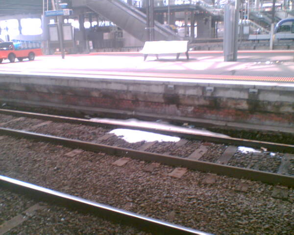 Hail accumulation on train tracks at a Melbourne station after the March 2010 supercell hailstorm. Hail accumulation on train tracks at a Melbourne station after the March 2010 supercell hailstorm.