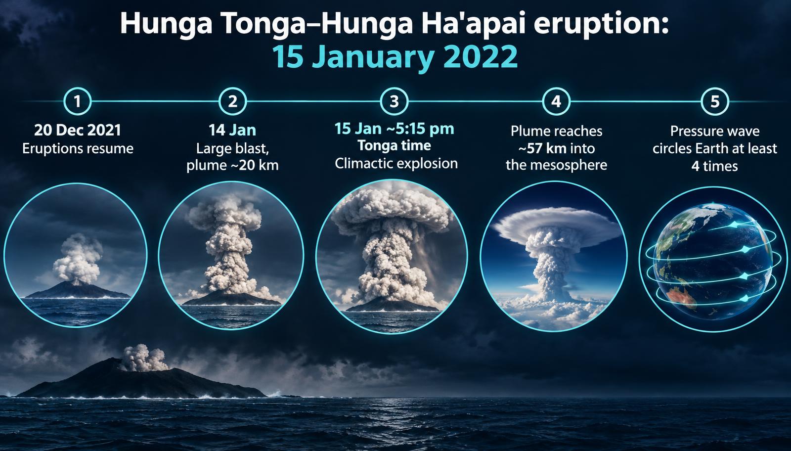 Hunga Tonga eruption timeline Timeline of the Hunga Tonga eruption from renewed activity on 20 December 2021 to the 15 January 2022 climax and global pressure wave.