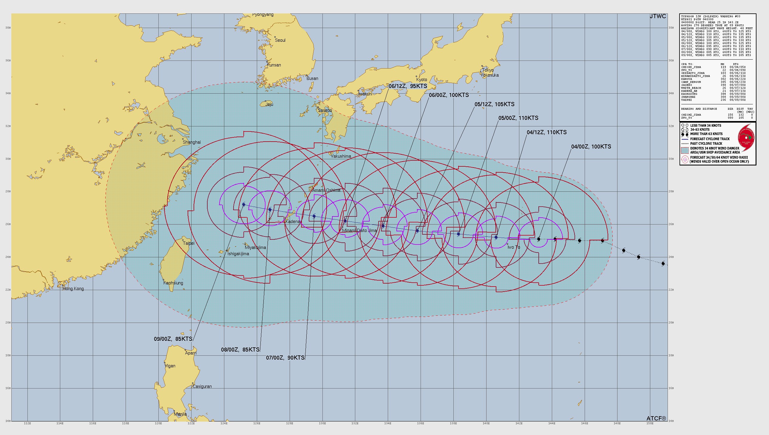 Official JTWC track map for Typhoon 12W Dolphin showing the observed path east of Japan and the forecast track running due west towards Okinawa and the Ryukyu Islands, valid 4 August 2026.