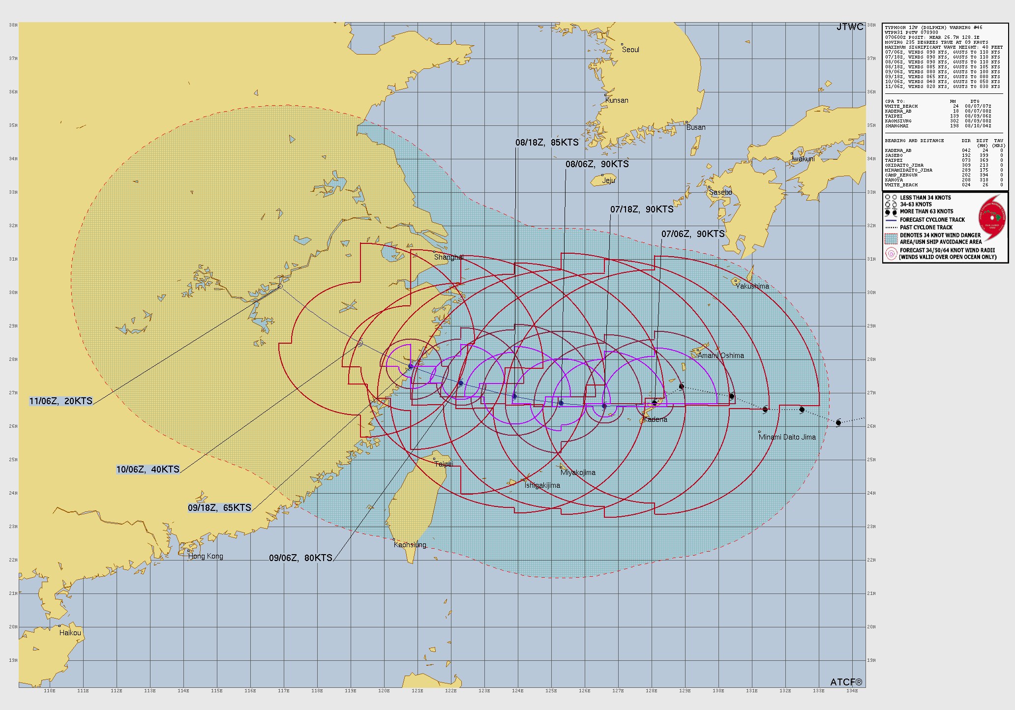 Official JTWC track map for Typhoon 12W Dolphin showing the centre passing Okinawa and the forecast track running west across the East China Sea towards eastern China, valid 7 August 2026.