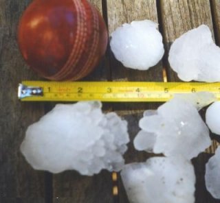 Large hailstones from the 1999 Sydney Hailstorm, compared to a cricket ball and tape measure, showing their destructive size. Large hailstones from the 1999 Sydney Hailstorm, compared to a cricket ball and tape measure, showing their destructive size.