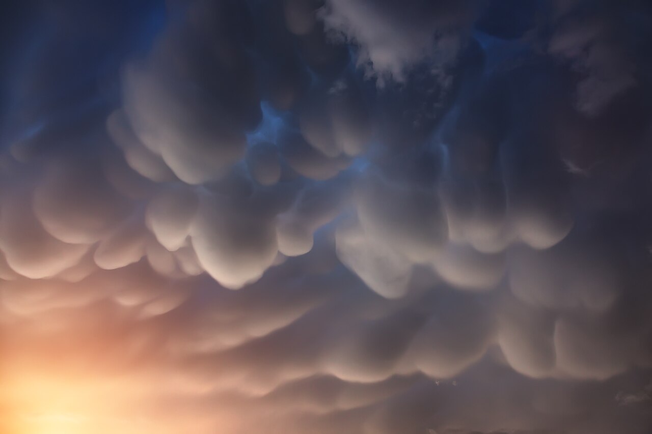 Mammatus clouds at sunset, illustrating the unique formations discussed in the meteorological guide.