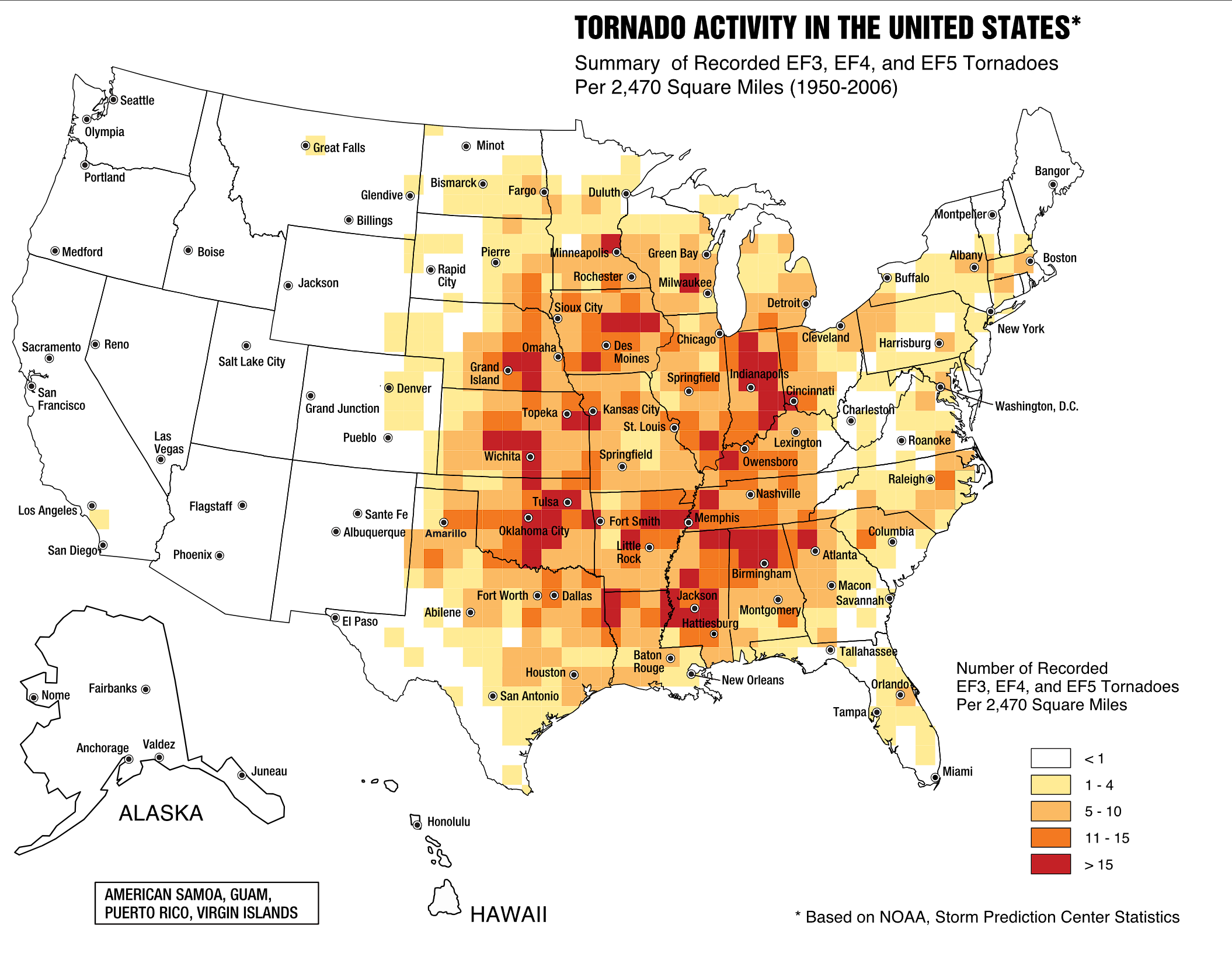 Map showing US tornado activity (1950-2006), with high concentrations (red) in traditional and eastern Tornado Alley. Map showing US tornado activity (1950-2006), with high concentrations (red) in traditional and eastern Tornado Alley.
